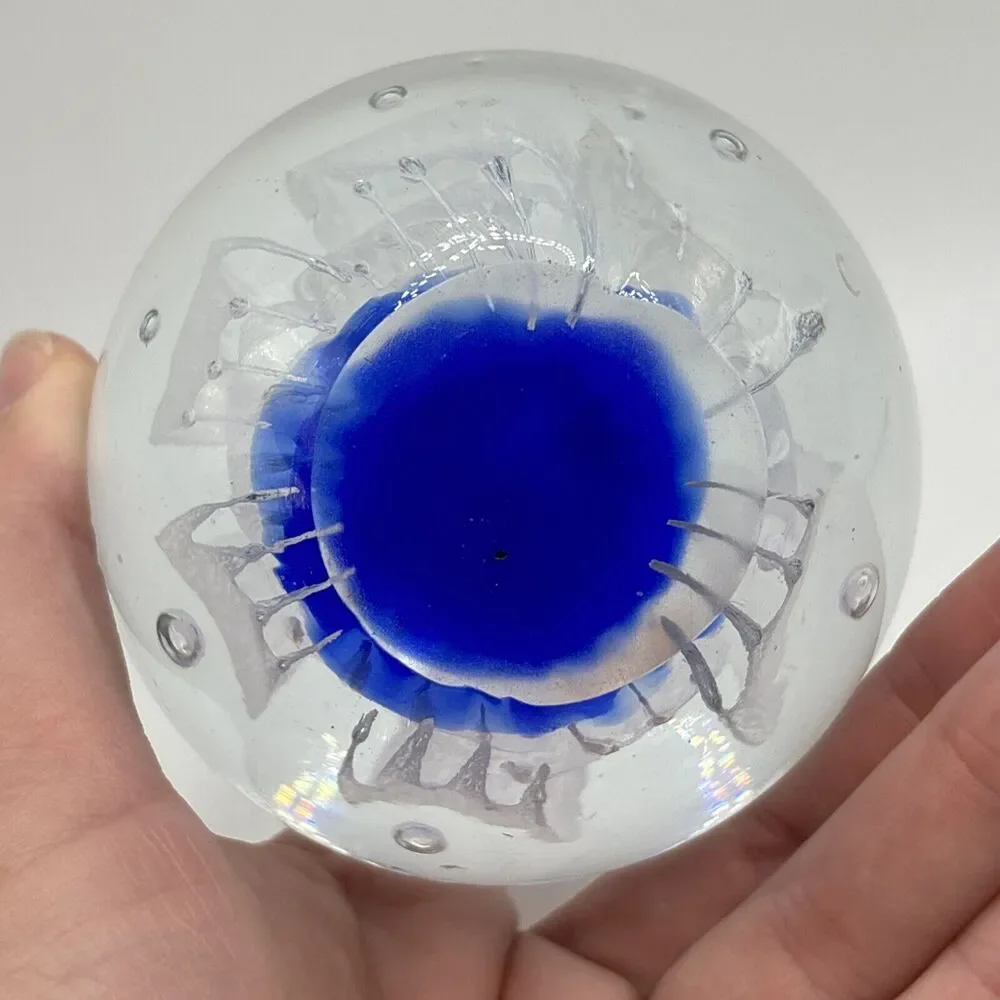 Pier 1 Art Glass Cobalt Blue Clear Paperweight White Flower Controlled Bubbles